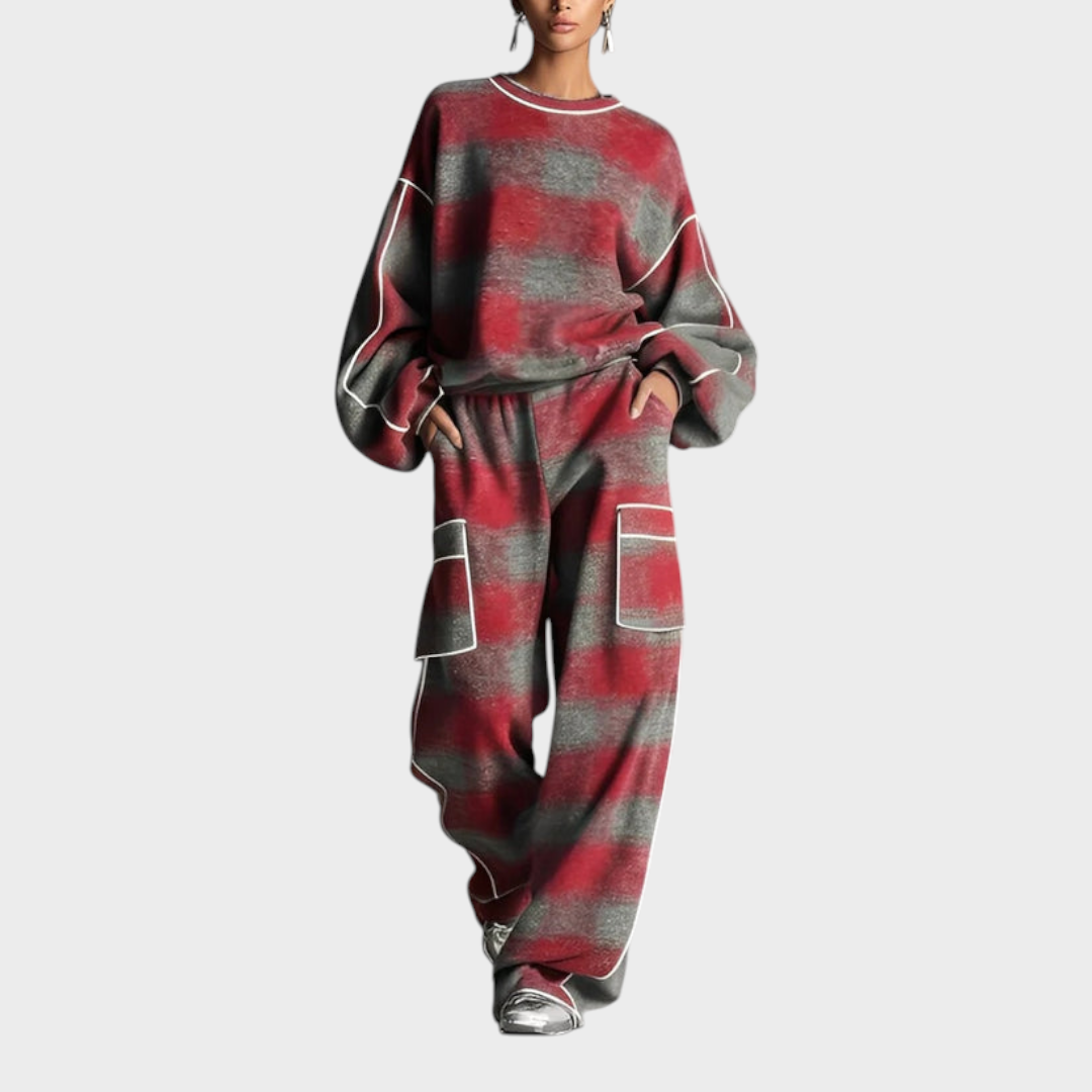 Lloyda | Κόκκινο και Γκρι Πλαίσιο Χρωματιστό Φόρεμα και Καθημερινό Παντελόνι Σετ Δύο Τεμαχίων