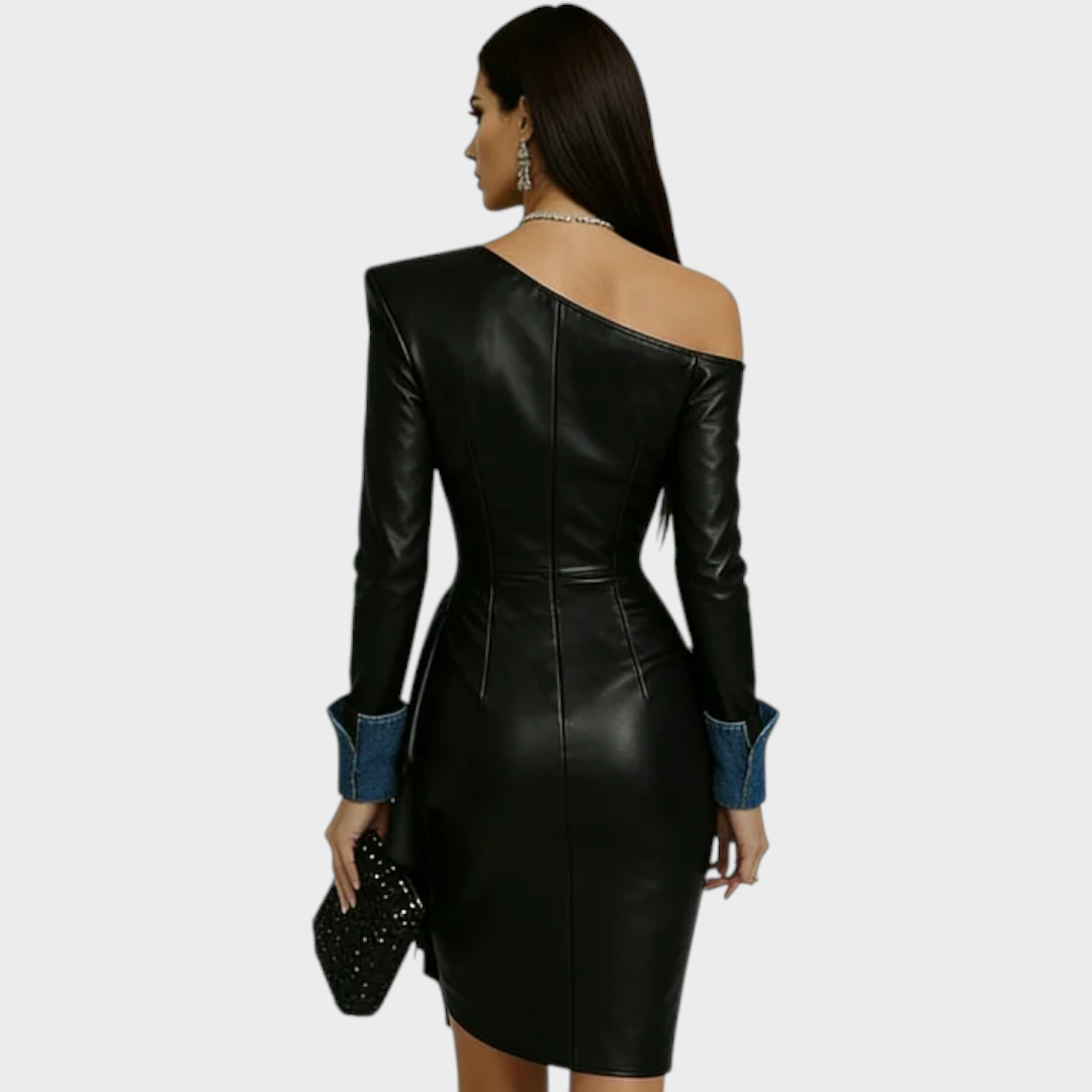 Aleigha | Γυναικεία Μόδα Μαύρο PU Δέρμα Λοξό Λαιμό Τζιν Μανσέτες Ασύμμετρο Σακάκι Μακρύ Μανίκι Μίνι Φόρεμα