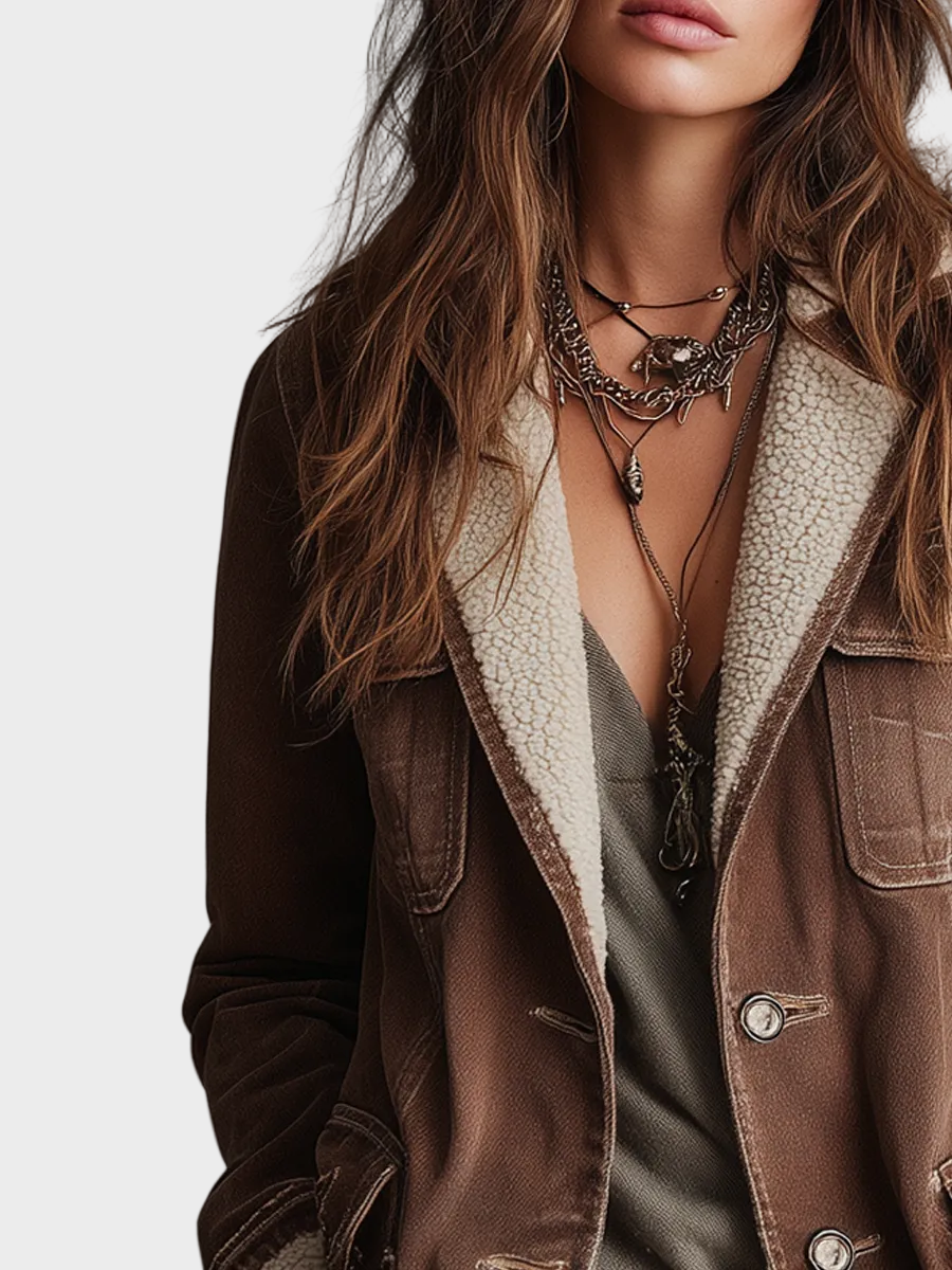 Anna | Retro Denim Παλτό με Πολλαπλές Τσέπες και Επένδυση από Συνθετική Γούνα Sherpa