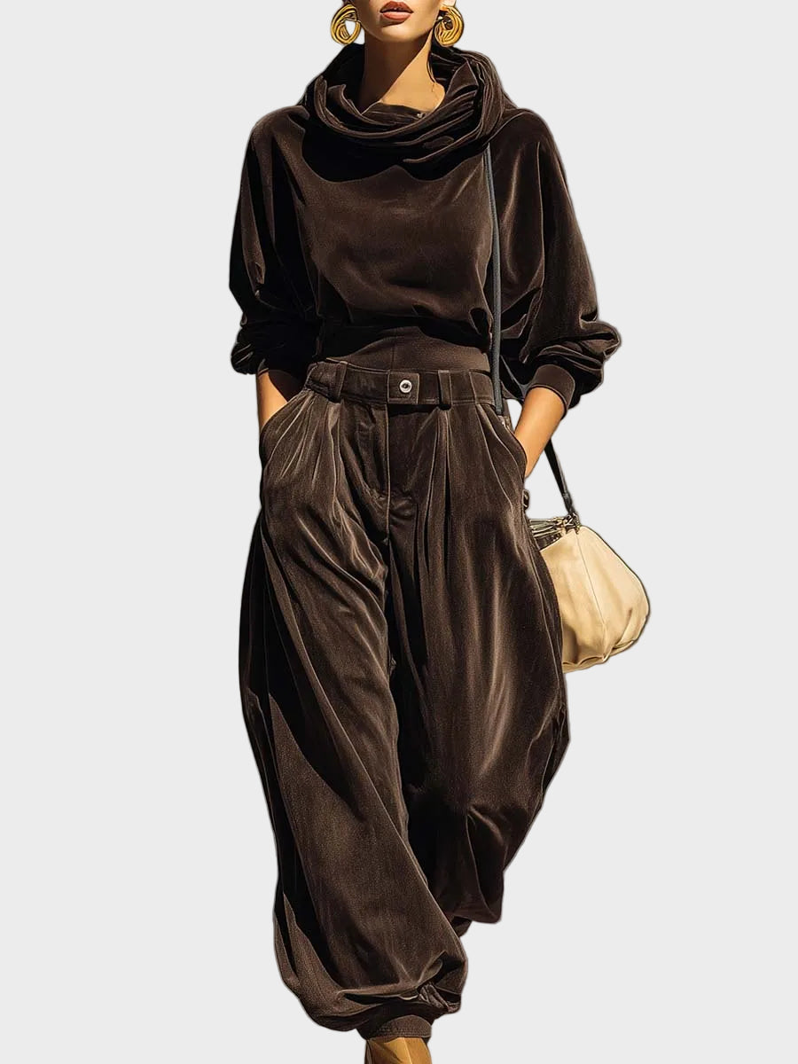 Lisa | Vintage καφέ βελούδινο σετ με φούτερ με κουκούλα και παντελόνι σε χαλαρή γραμμή