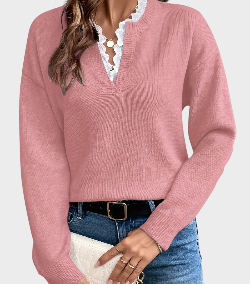 Yasmine | Πουλόβερ με Λεπτομέρεια Δαντέλας και Ανοιχτό Λαιμό