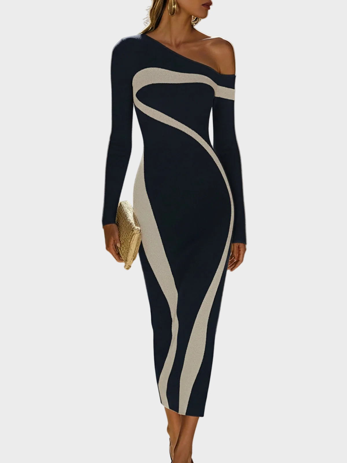 June| Κομψό Μονόχρωμο Bodycon Φόρεμα με Αντίθεση και Έναν Ώμο