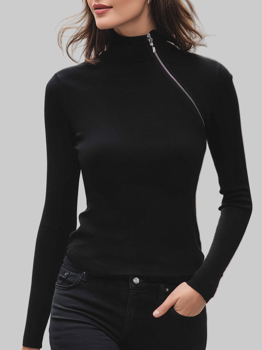 Black Asymmetric Zip High-Neck Knit Top