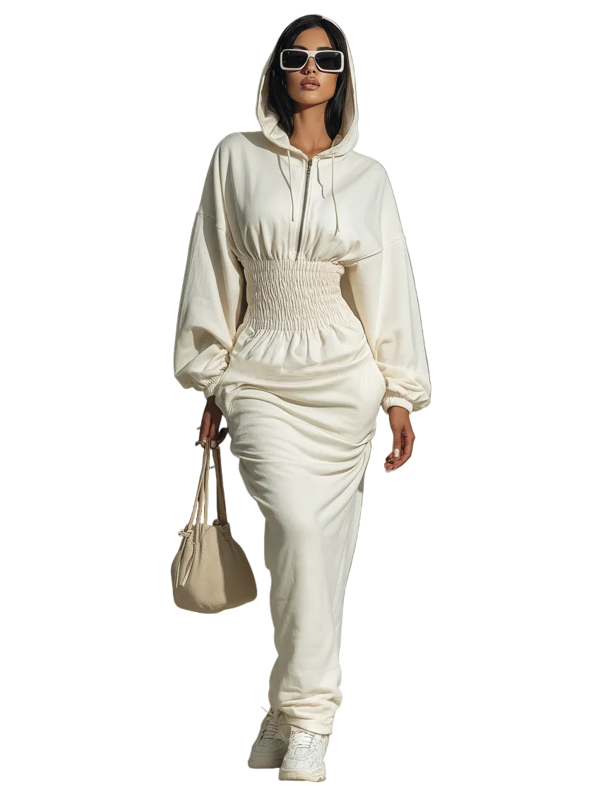 Rachel |Γυναικείο Μίνιμαλ Μάξι Φόρεμα Φούτερ με Κουκούλα και Σούρες στη Μέση (Women's Minimalist Waist Shirring Hooded Sweatshirt Maxi Dress)