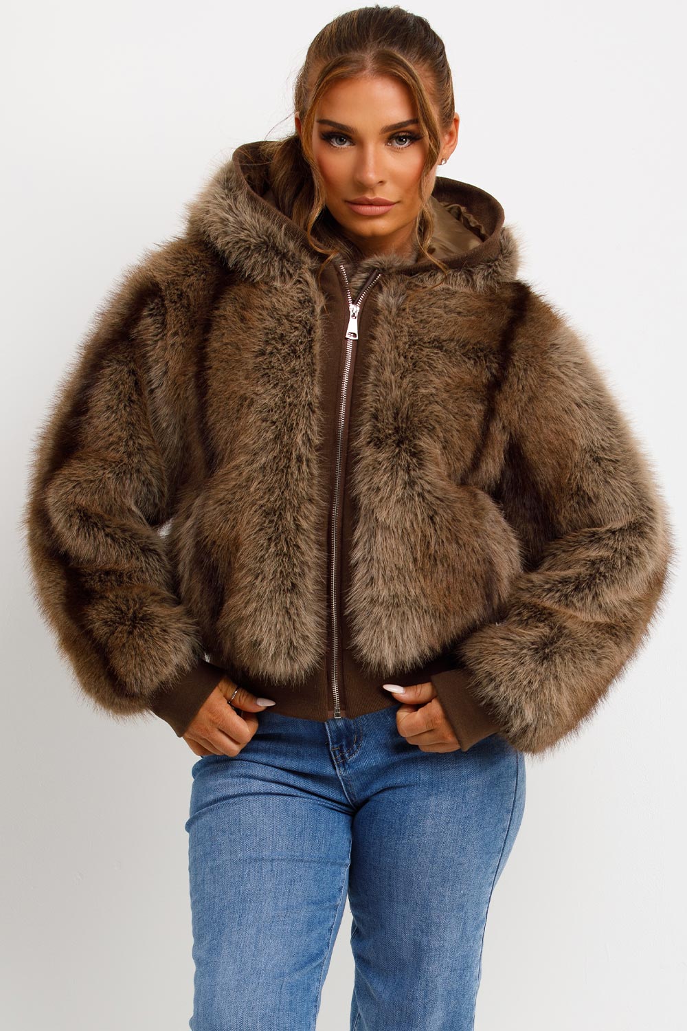 Fur Coat With Hood Brown