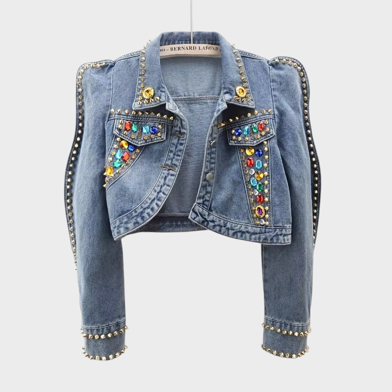 Alison | Κοντό Τζιν Μπουφάν με 3D Λεπτομέρειες από Πέτρες