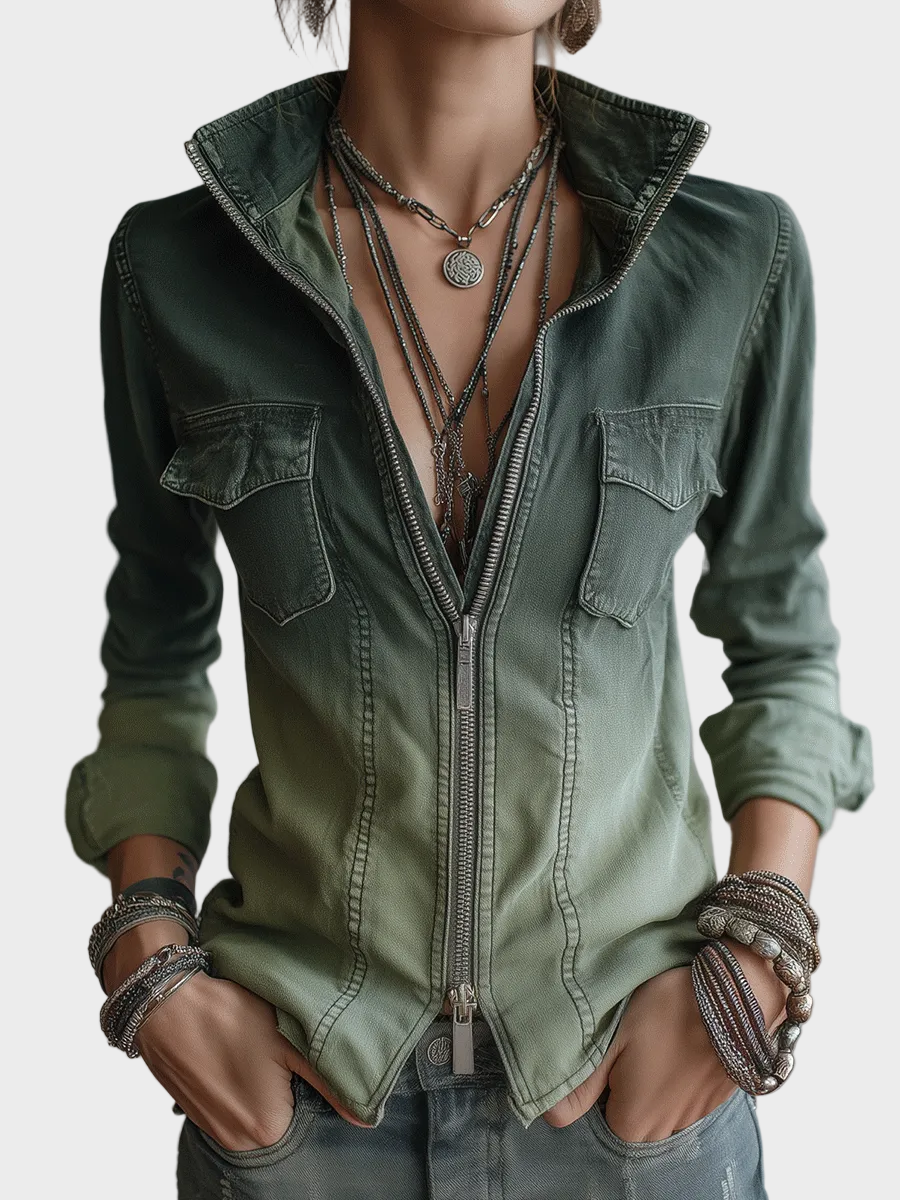 Zulu | Casual Πράσινη Ντεγκραντέ Denim Μπλούζα με Φερμουάρ και Τσέπες Workwear