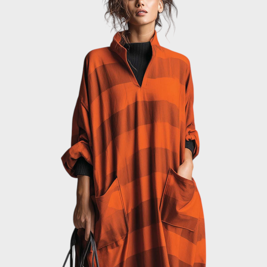 Brenda | Vintage Μόδα Υπερβολικά Χαλαρό V-λαιμό Μεγάλες Τσέπες Πορτοκαλί Και Καφέ Φαρδιά Ριγέ Maxi Φόρεμα