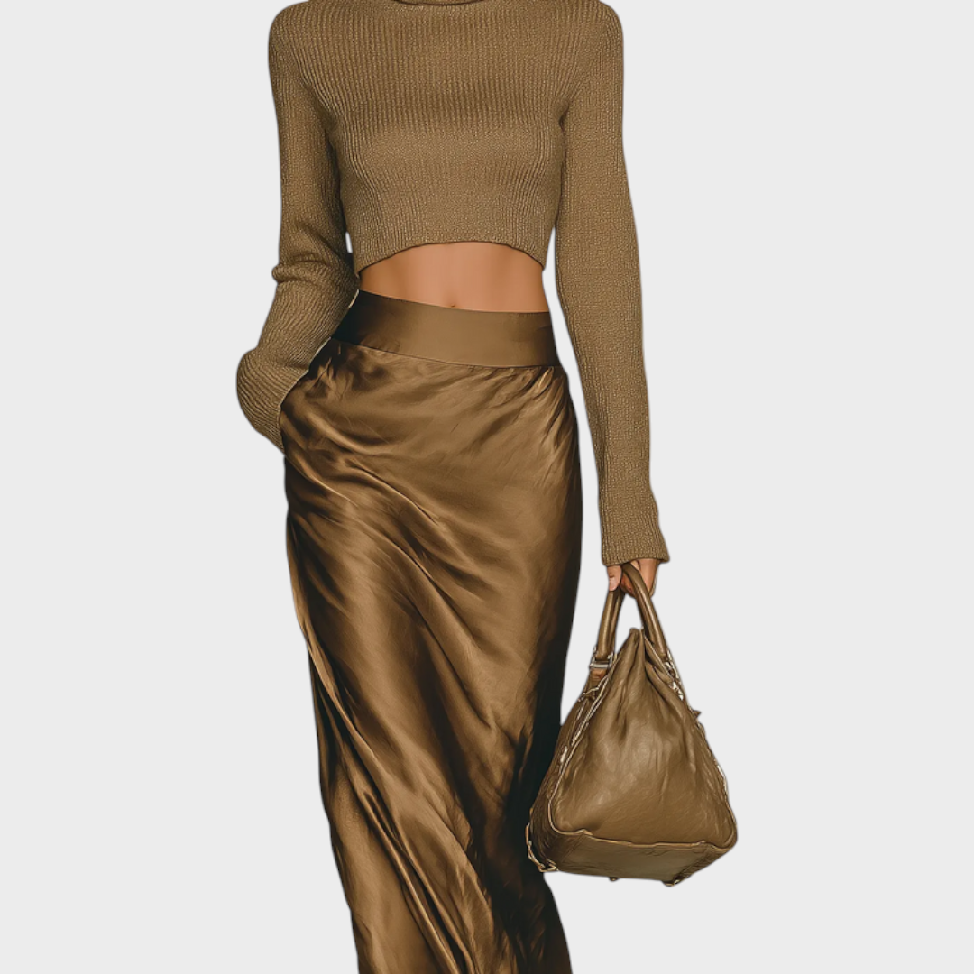 Amisha | Γυναικείο Μοντέρνο Χρυσό-καφέ Πουλόβερ Με Υψηλό Λαιμό και Μακριά Μανίκια, Συνδυασμένο Με Σατέν Μίνι Φούστα MDA0982L5AN