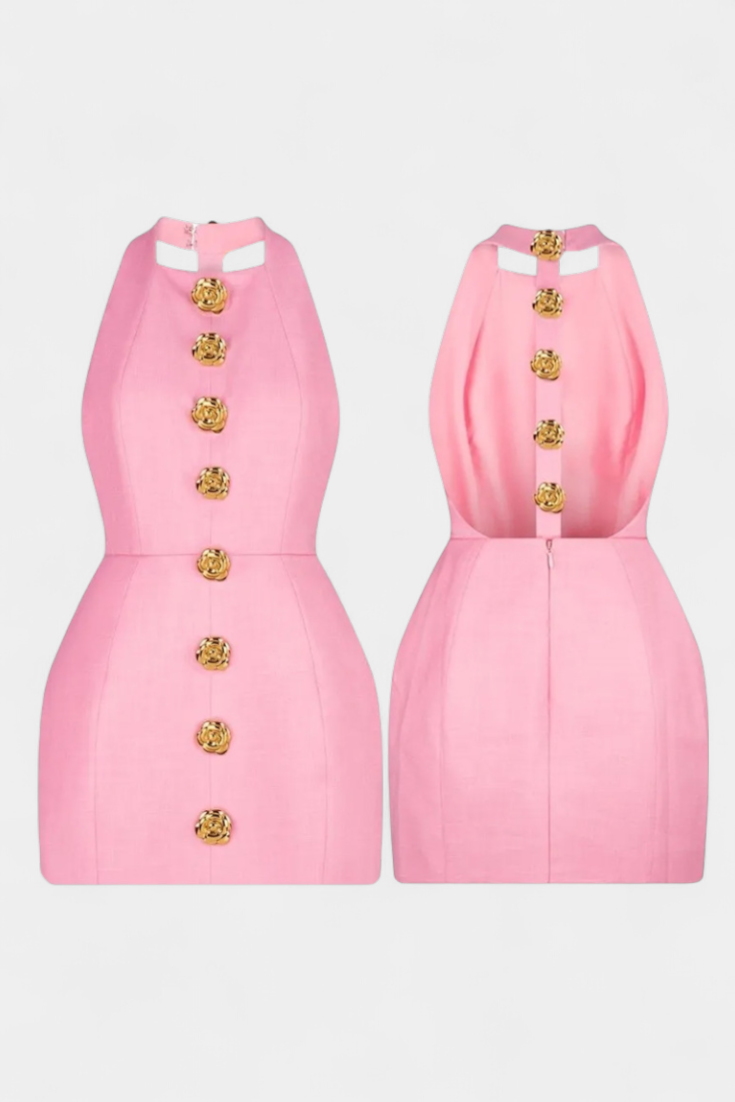 Υβόννη Μίνι Φόρεμα με Δετό Λαιμό, Ανοιχτή Πλάτη και Λουλουδάτη Λεπτομέρεια