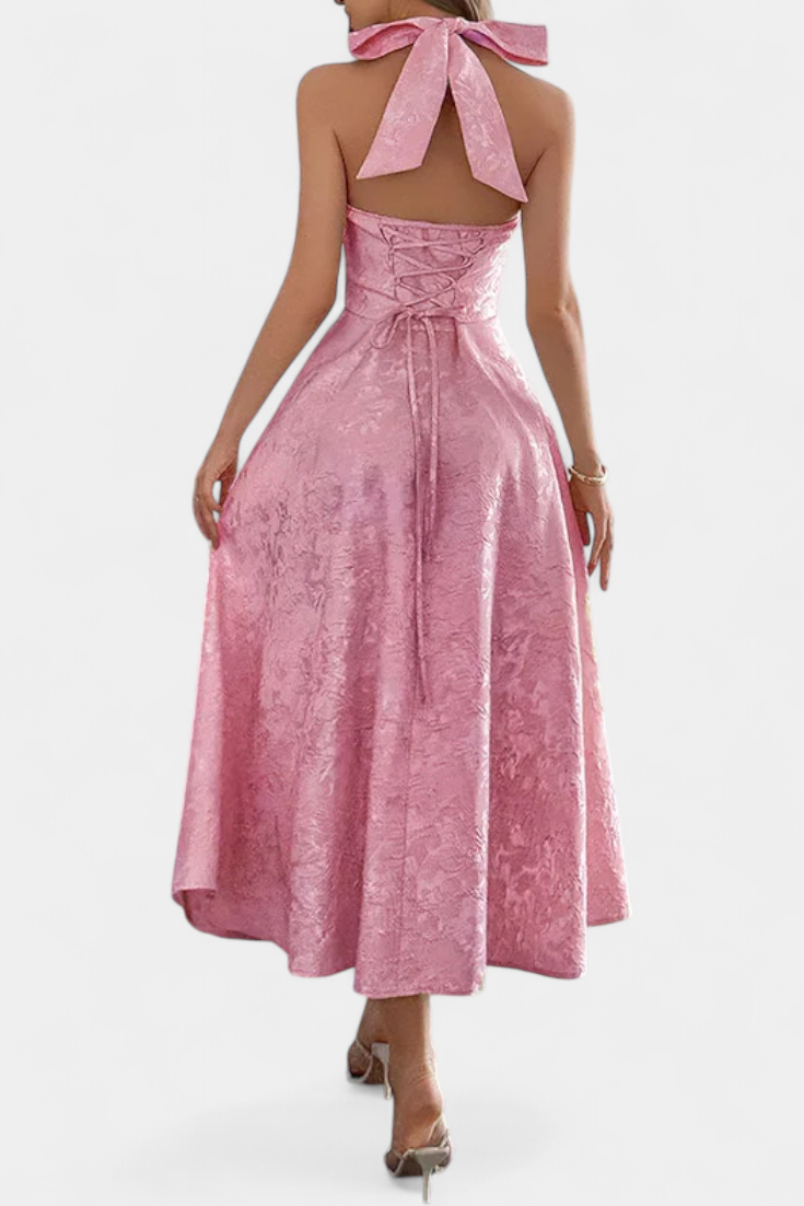 Gilda Φόρεμα Jacquard Midi με Ανοιχτή Πλάτη και Ψηλή Μέση