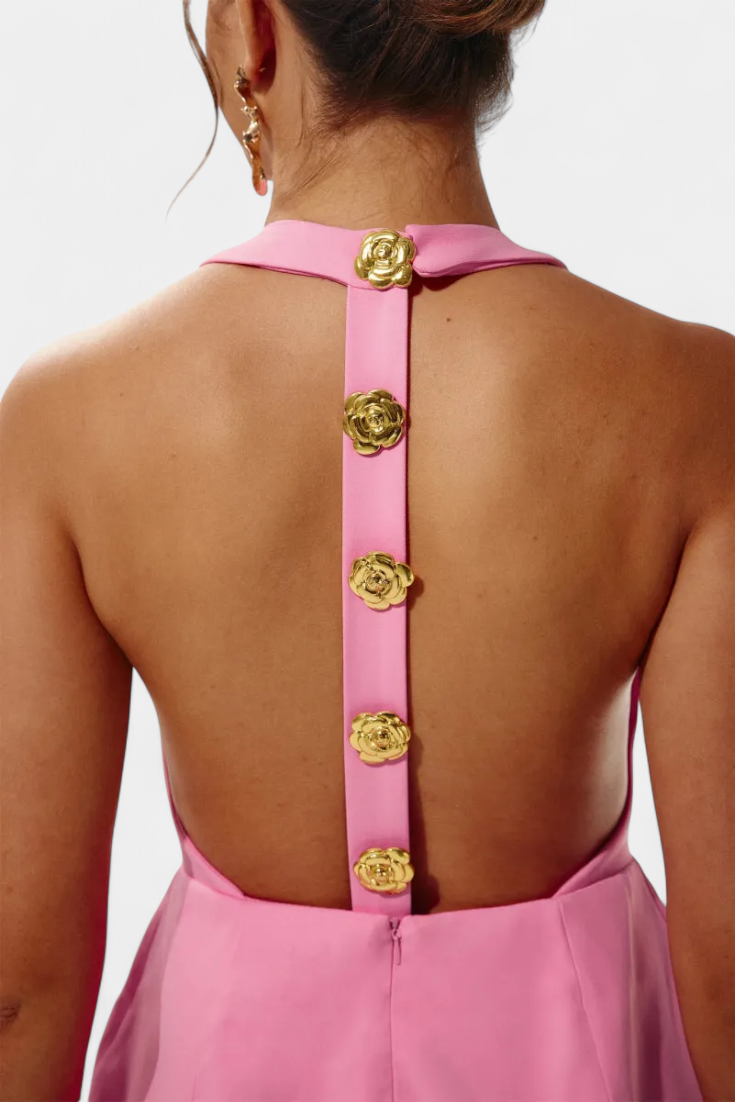 Υβόννη Μίνι Φόρεμα με Δετό Λαιμό, Ανοιχτή Πλάτη και Λουλουδάτη Λεπτομέρεια