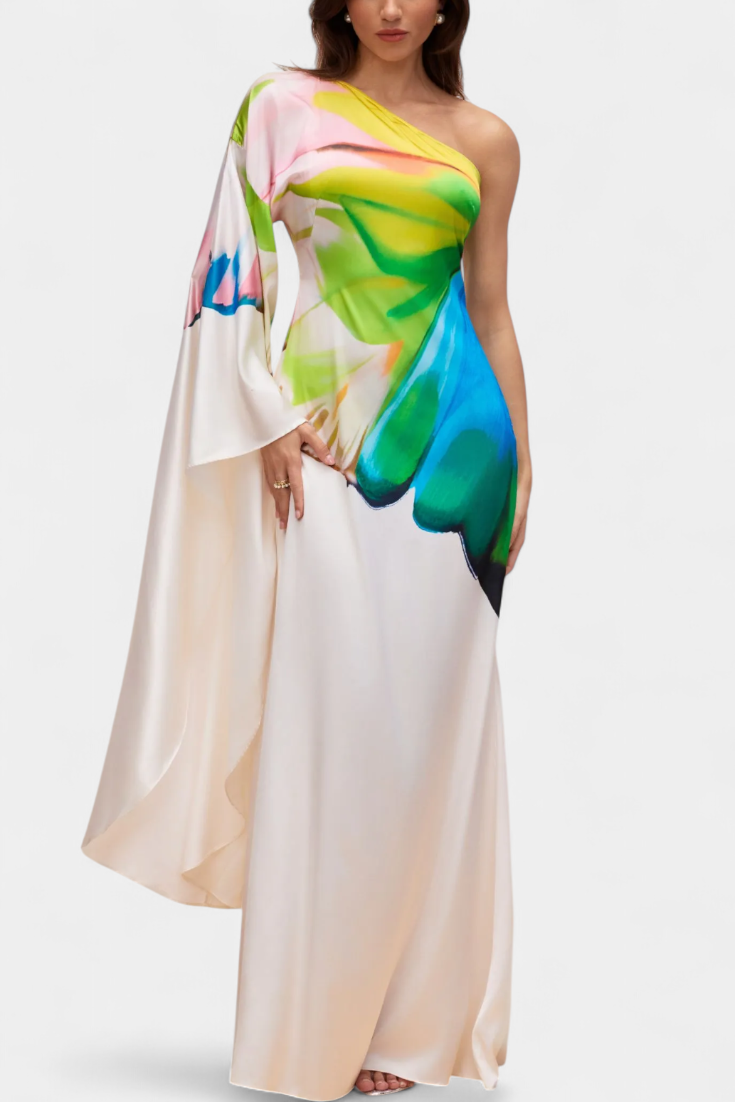 Beryl Ασύμμετρο Μονόμανικο Φόρεμα με Στάμπα