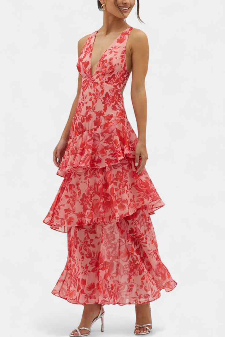 Domenica Φόρεμα από Σιφόν με Ντεκολτέ σε Σχήμα V και Αέρινες Στρώσεις