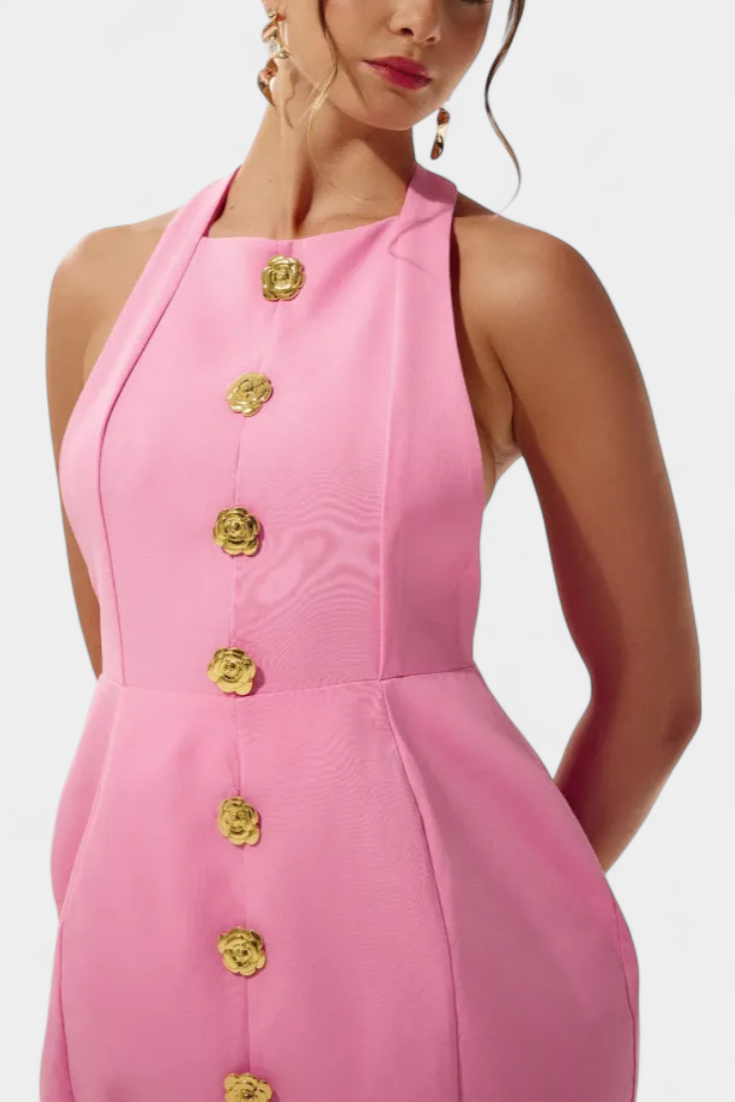 Υβόννη Μίνι Φόρεμα με Δετό Λαιμό, Ανοιχτή Πλάτη και Λουλουδάτη Λεπτομέρεια