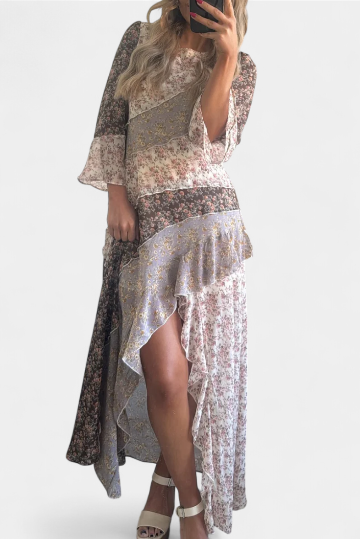 Ruth Μακρύ Φόρεμα Floral με Μανίκια 3/4 και Βολάν