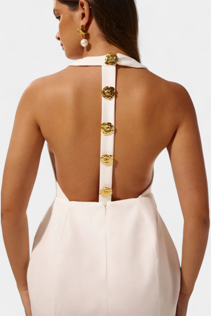 Υβόννη Μίνι Φόρεμα με Δετό Λαιμό, Ανοιχτή Πλάτη και Λουλουδάτη Λεπτομέρεια