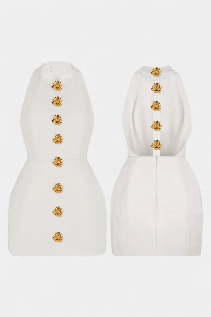 Υβόννη Μίνι Φόρεμα με Δετό Λαιμό, Ανοιχτή Πλάτη και Λουλουδάτη Λεπτομέρεια