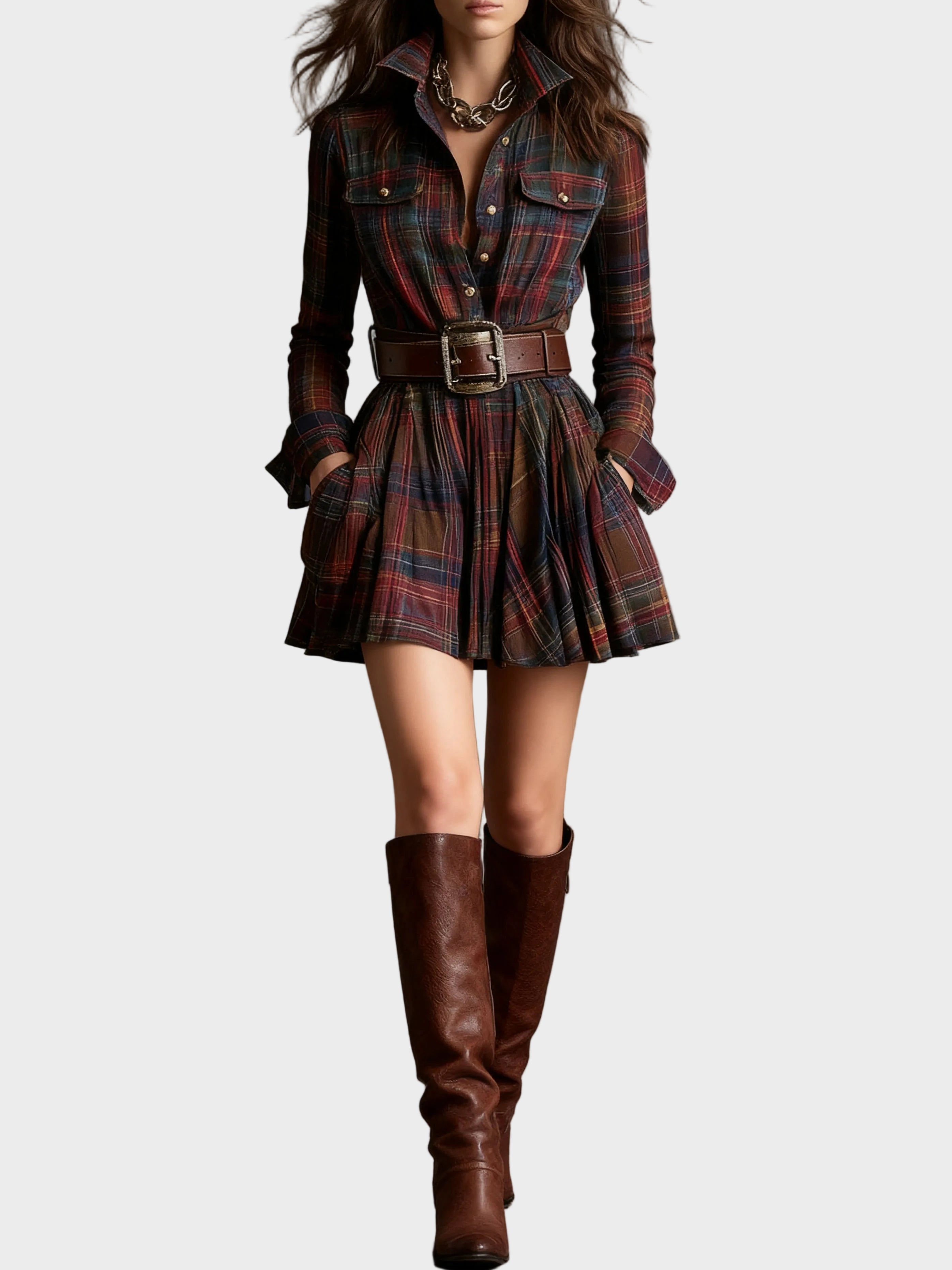Beck| Vintage Μίνι Φόρεμα με Πέτο και Κόκκινο-Καφέ Καρό Σχέδιο
