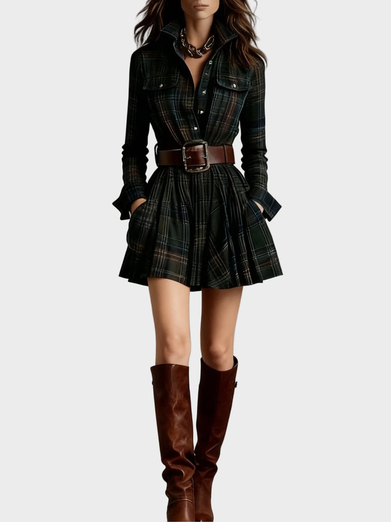 Beck| Vintage Μίνι Φόρεμα με Πέτο και Κόκκινο-Καφέ Καρό Σχέδιο