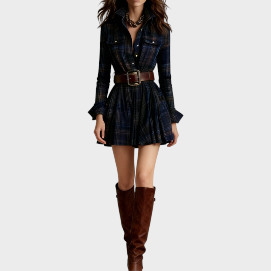 Brenna | Vintage Μίνι Φόρεμα με Γιακά σε Κόκκινο και Καφέ Καρό (Συμπεριλαμβάνει ζώνη)