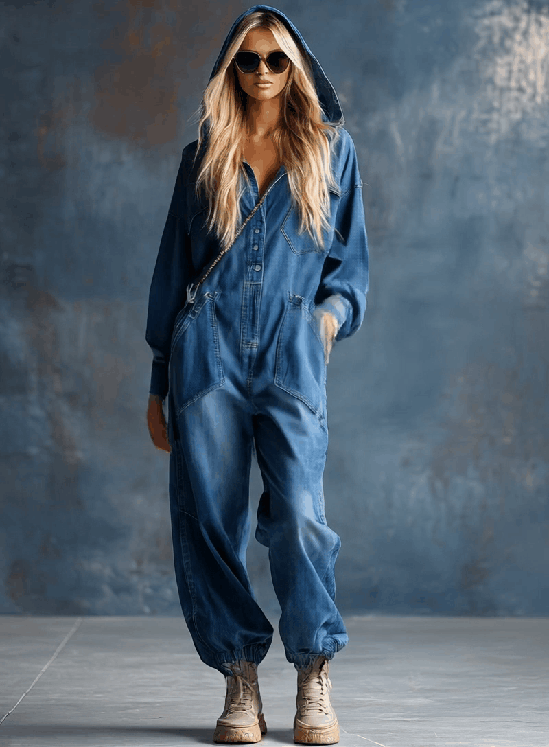 Priscilla - Casual Loose-fit Denim Jumpsuit με Κουκούλα, Κουμπιά στο Μπροστινό Μέρος και Μακριά Μανίκια σε Μπλε Χρώμα (Casual Loose-fit Hooded Blue Denim Button-front Long-sleeved Jumpsuit)