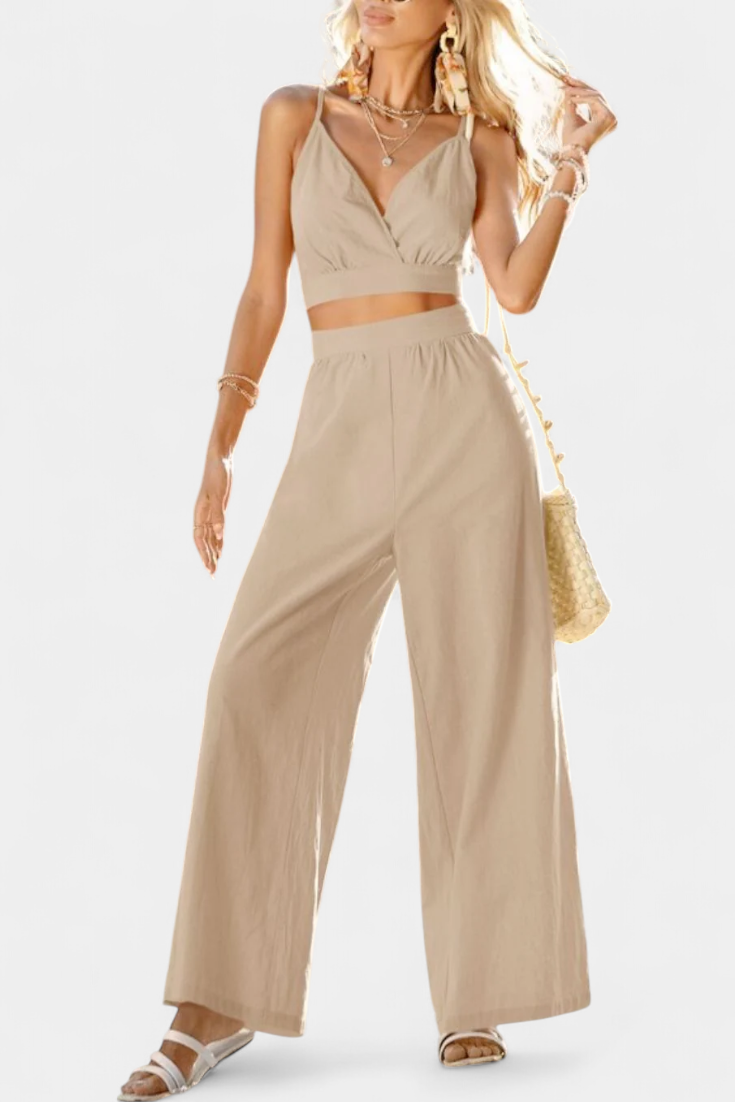 Valentina Set με Δαντελένιο Γιλέκο με Ανοιχτή Πλάτη και Φαρδύ Παντελόνι