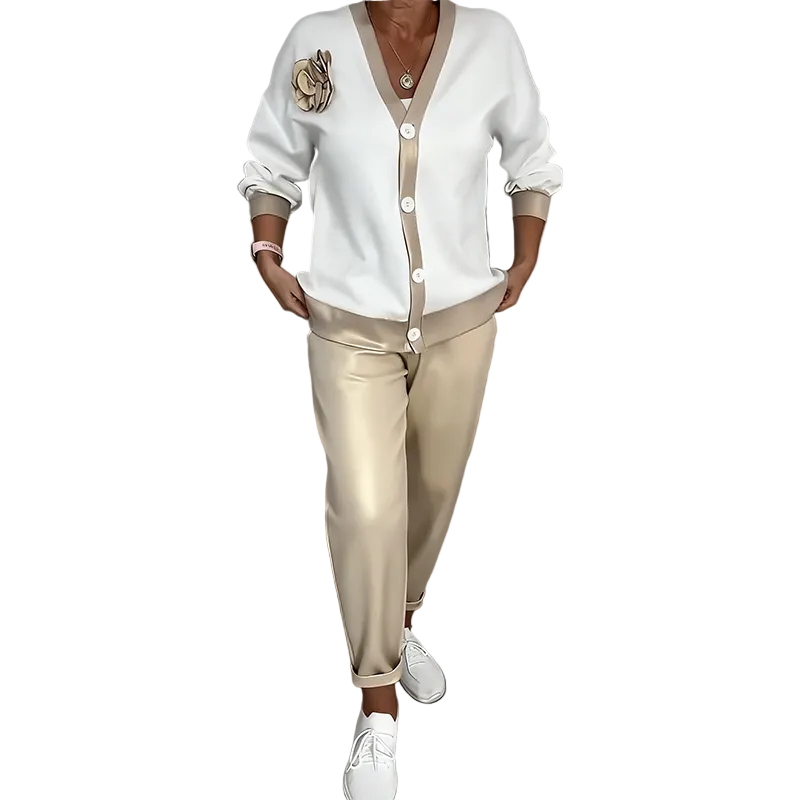 Aubrey - Γυναικείο Casual Σετ 2 Τεμαχίων με Τοπ με V Λαιμόκοψη και Ψηλόμεσο Παντελόνι (Women's Casual V-Neck Top & High Waist Pants 2-Piece Set)