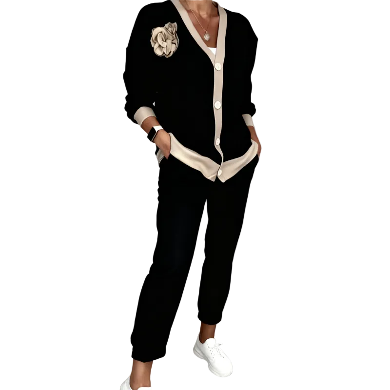 Aubrey - Γυναικείο Casual Σετ 2 Τεμαχίων με Τοπ με V Λαιμόκοψη και Ψηλόμεσο Παντελόνι (Women's Casual V-Neck Top & High Waist Pants 2-Piece Set)