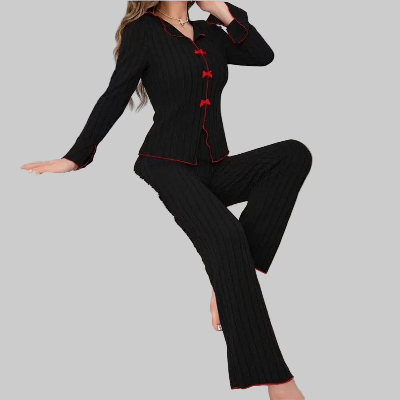 Γυναικεία Σετ Πιτζάμες με Ριπ Πλέξη, Γιακά με Πέτο & Φιόγκους