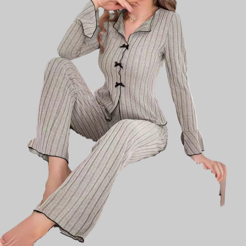 Γυναικεία Σετ Πιτζάμες με Ριπ Πλέξη, Γιακά με Πέτο & Φιόγκους