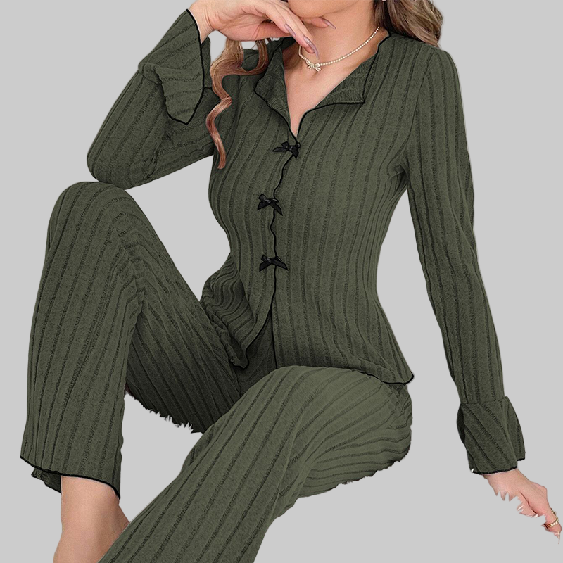 Γυναικεία Σετ Πιτζάμες με Ριπ Πλέξη, Γιακά με Πέτο & Φιόγκους