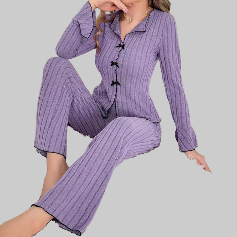 Γυναικεία Σετ Πιτζάμες με Ριπ Πλέξη, Γιακά με Πέτο & Φιόγκους