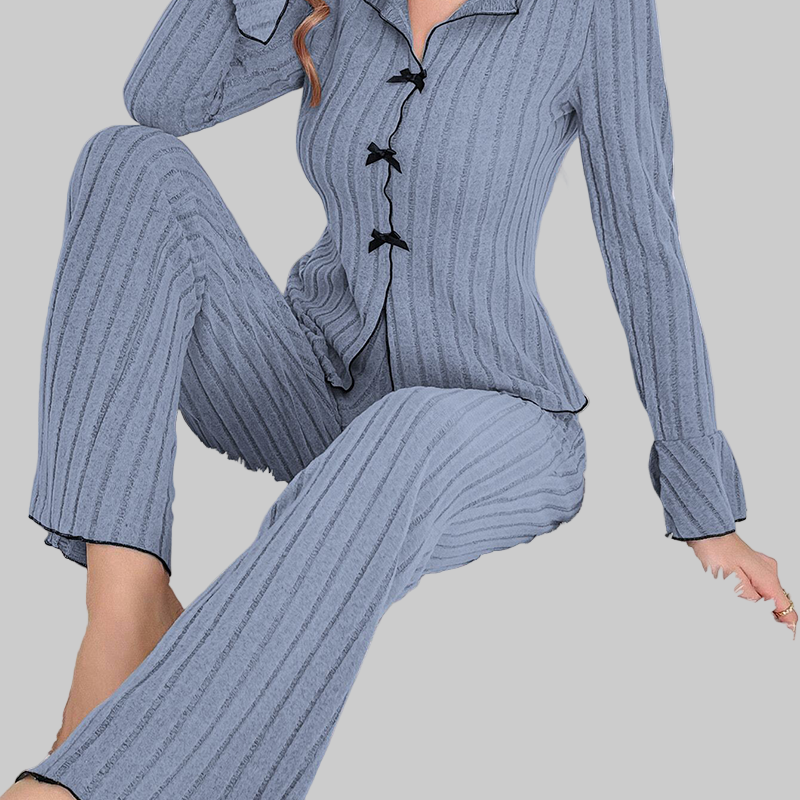 Γυναικεία Σετ Πιτζάμες με Ριπ Πλέξη, Γιακά με Πέτο & Φιόγκους