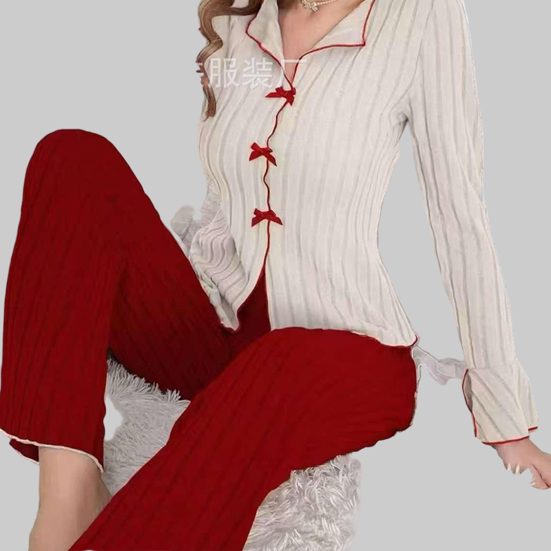 Γυναικεία Σετ Πιτζάμες με Ριπ Πλέξη, Γιακά με Πέτο & Φιόγκους