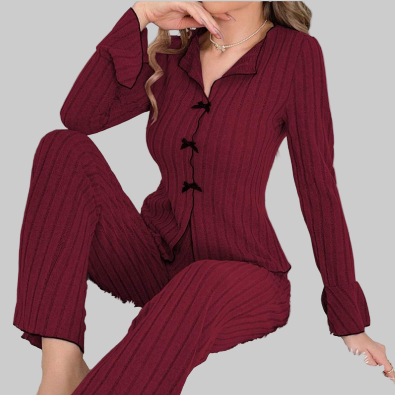 Γυναικεία Σετ Πιτζάμες με Ριπ Πλέξη, Γιακά με Πέτο & Φιόγκους