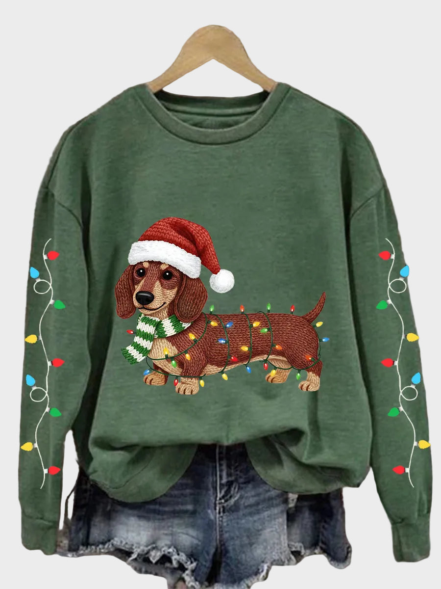 Ella| Γυναικείο Casual Φούτερ με Μοτίβο Dachshund και Χριστουγεννιάτικα Λαμπάκια
