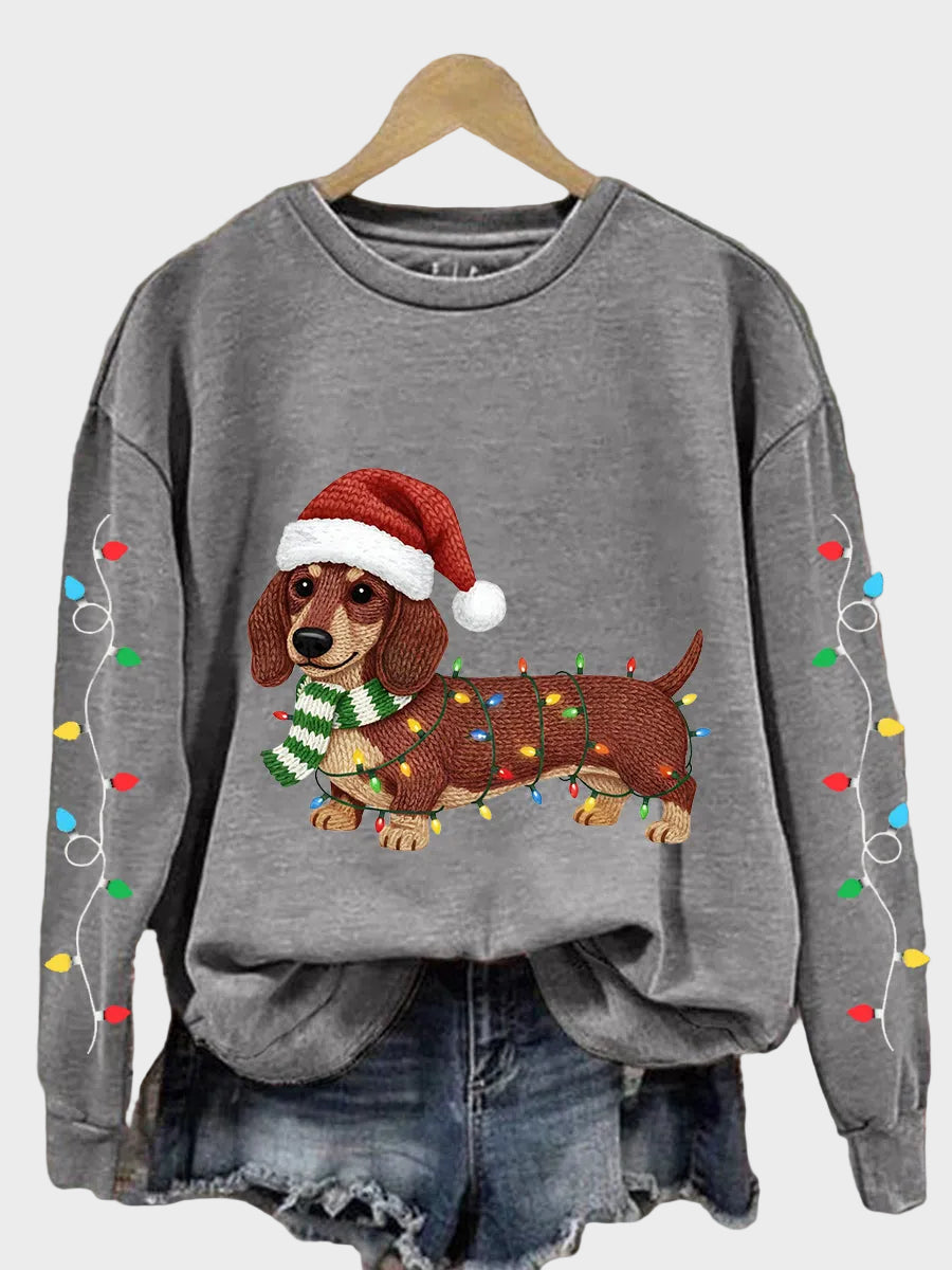 Ella| Γυναικείο Casual Φούτερ με Μοτίβο Dachshund και Χριστουγεννιάτικα Λαμπάκια