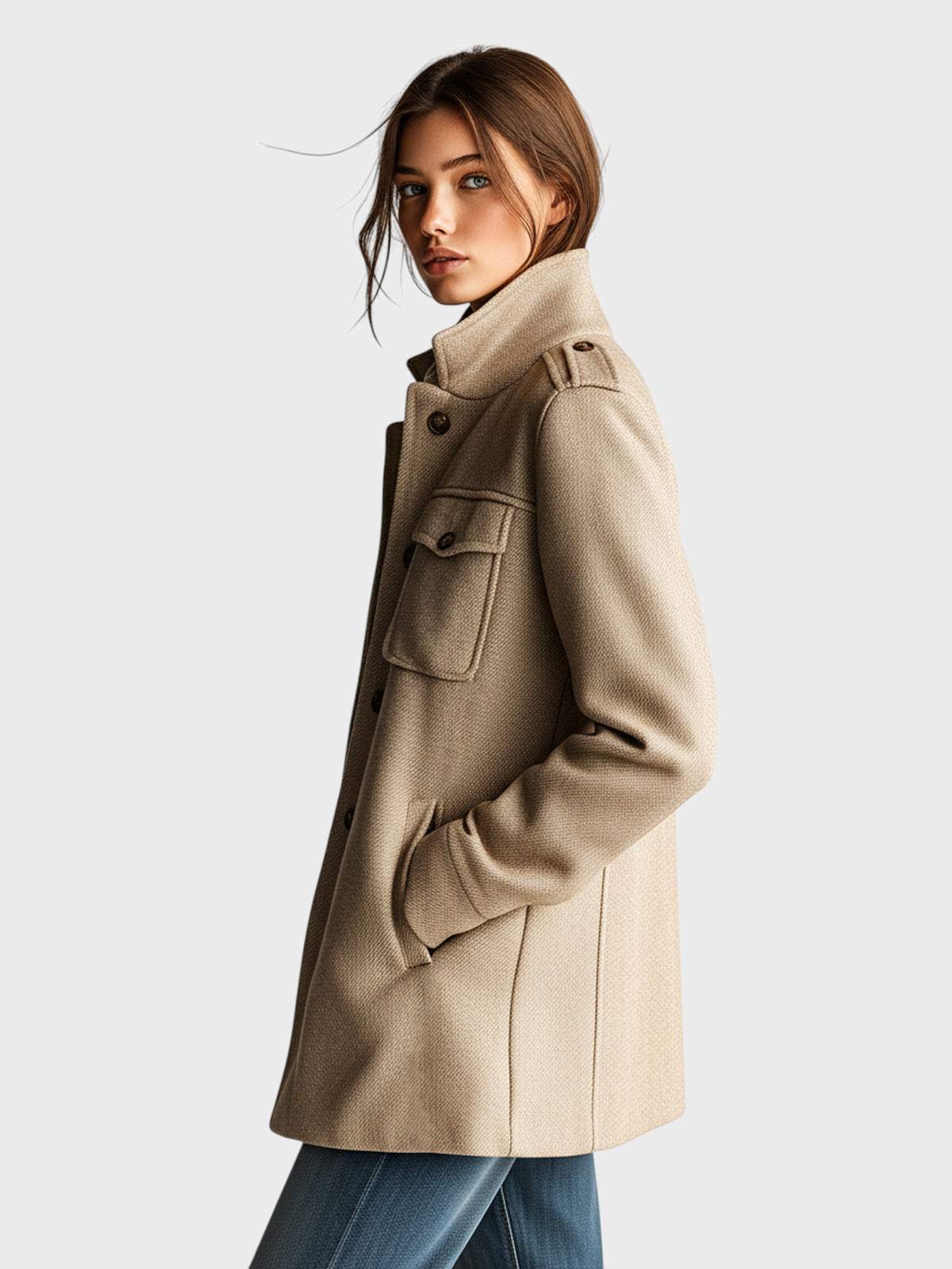 Eleven Ora Vintage Casual Καμηλό Μίγμα Μαλλιού Μπουφάν Στάντ Κολάρο με Επιθέματα και Πολλαπλές Τσέπες