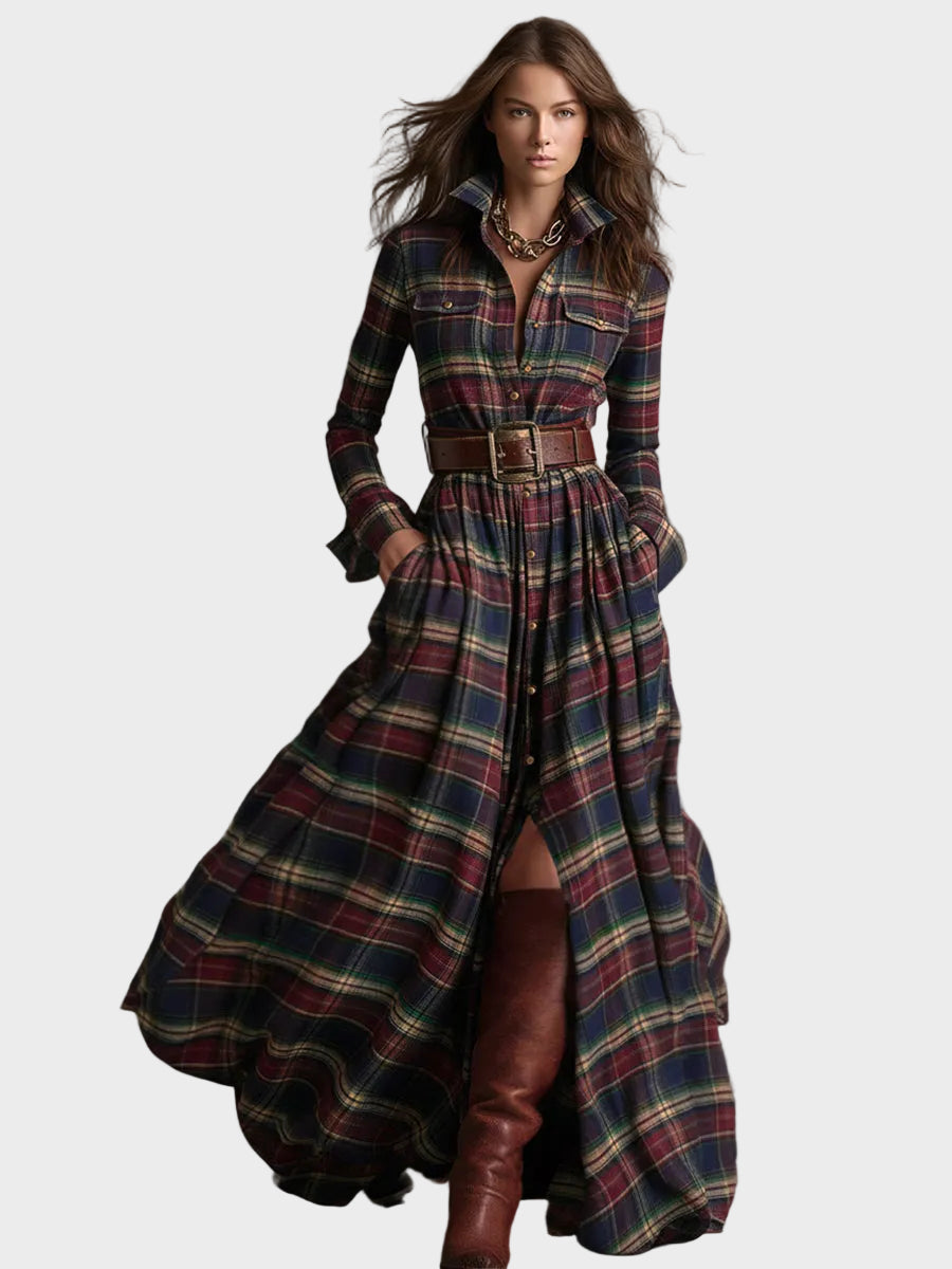 Skyler | Ρετρό Έθνικ Μάξι Φόρεμα με Πέτο σε Κοκκινωπό Καφέ Καρό