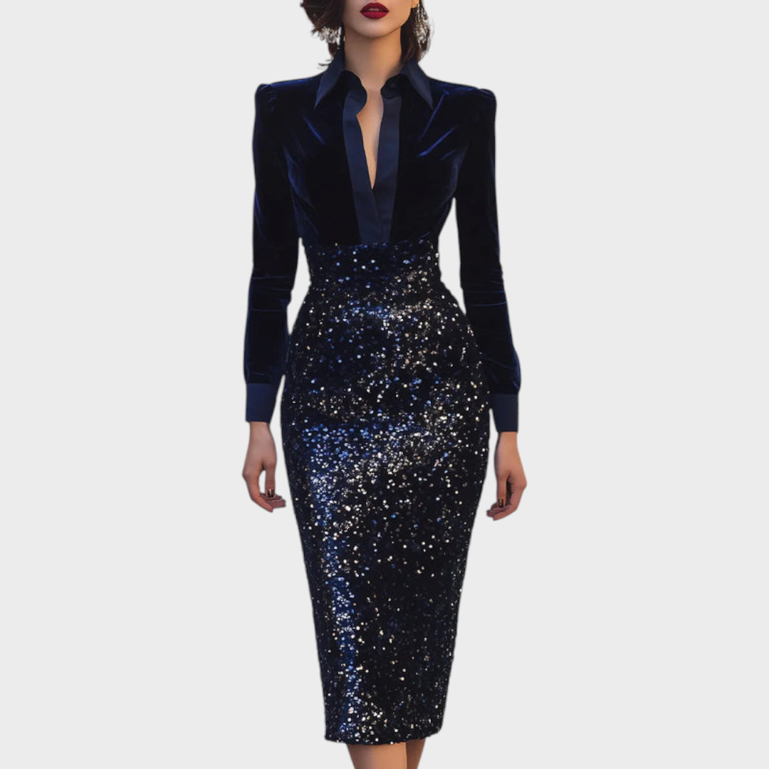 Erza | Φόρεμα Midi από Βελούδο και Παγιέτες σε Αντίθεση