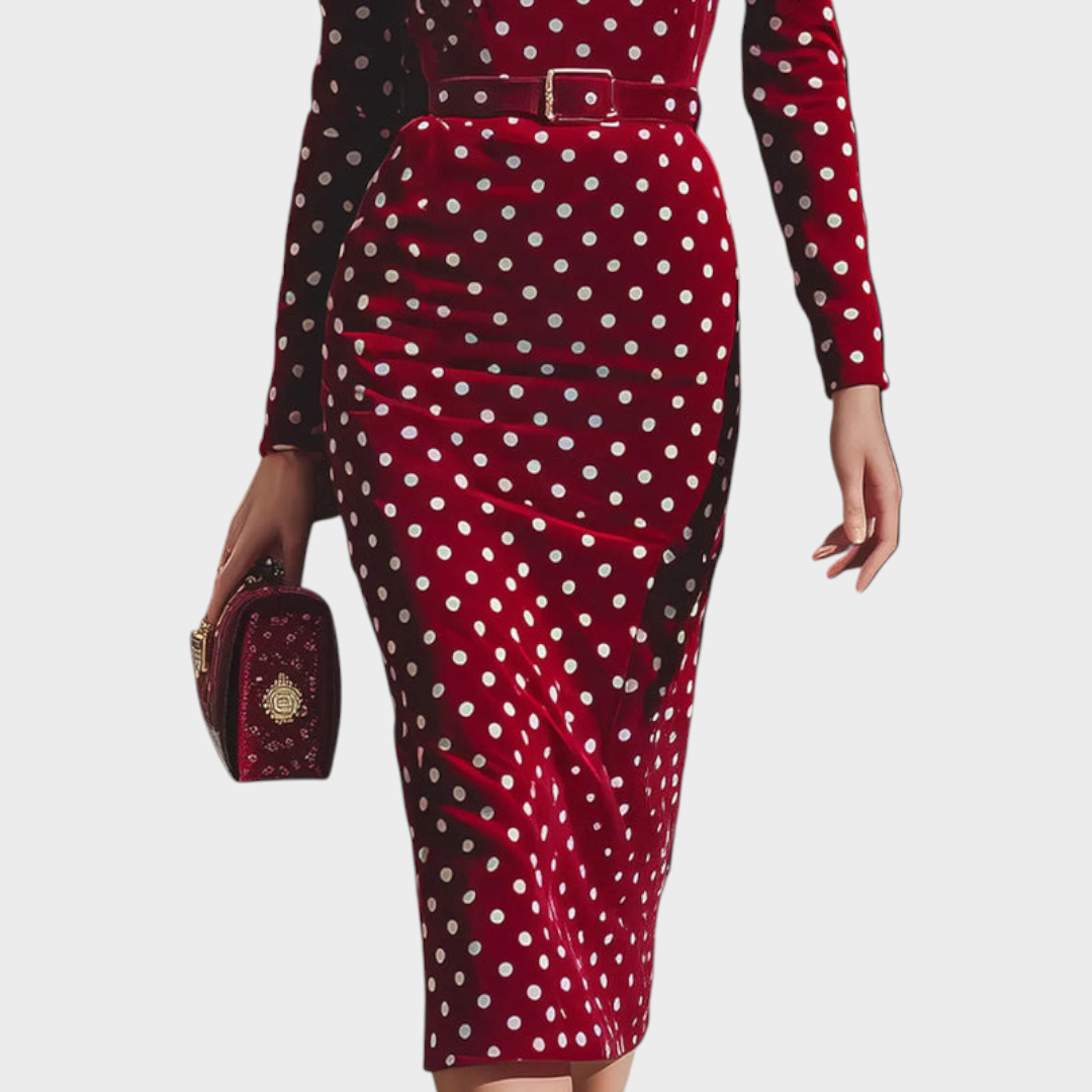 Krishna | Φόρεμα Midi από Βελούδο με Κόκκινες Πουά Λεπτομέρειες Εμπνευσμένο από το Vintage