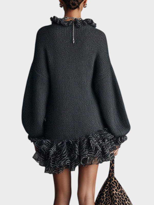 Loisa | Γκρι Πλεκτό Μίνι Φόρεμα Με Ραμμένο V-Λαιμόκοψη Και Σατέν Τελείωμα