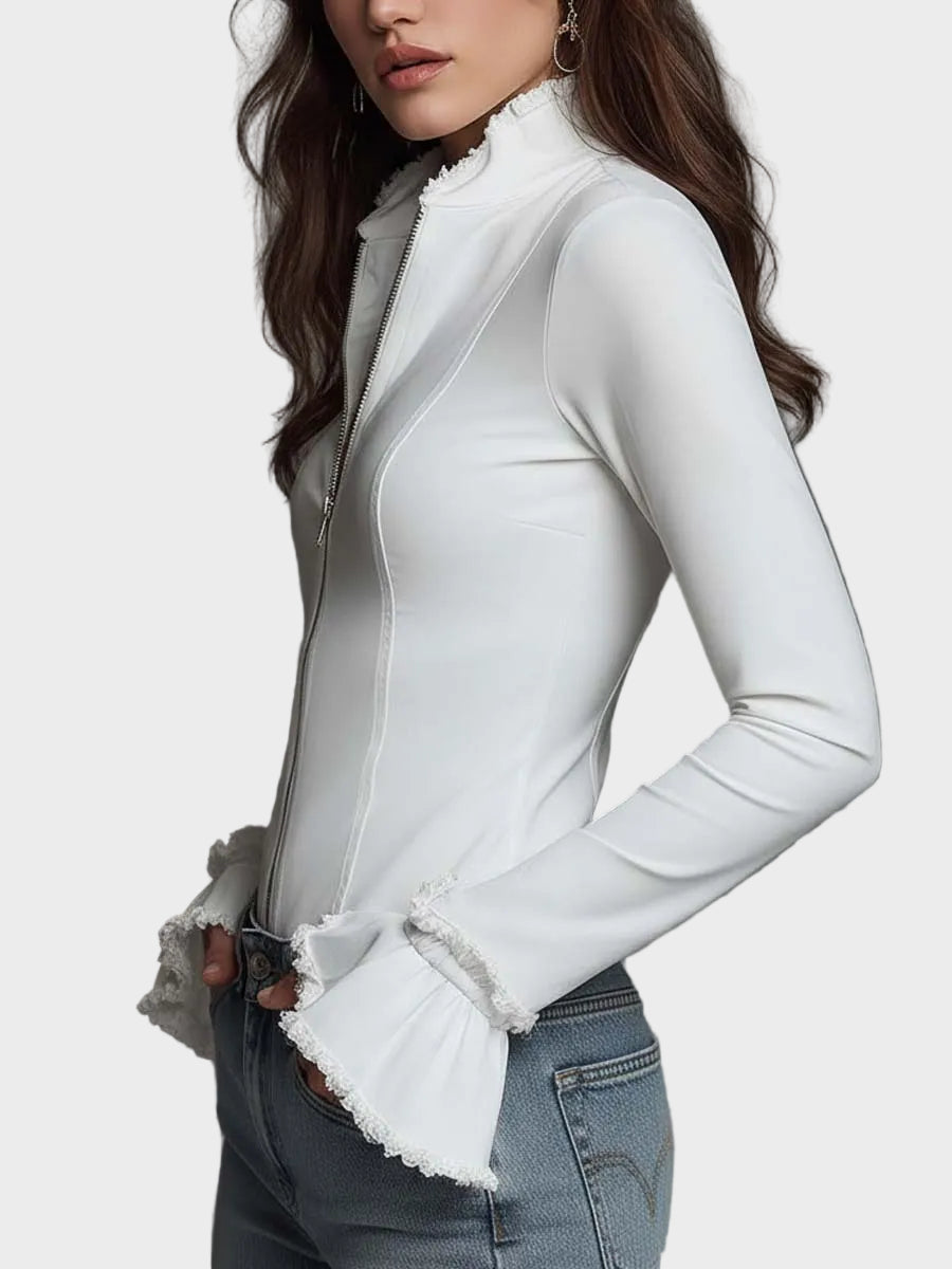 Vanessa | Εφαρμοστή Μπλούζα με Φερμουάρ Μπροστά, Δαντελωτό Γιακά με Βολάν και Μανίκια Καμπάνα