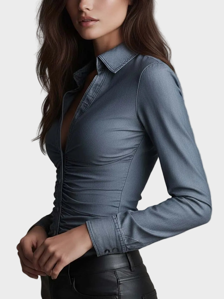 Tencel Εφαρμοστό Τζιν Πουκάμισο με Σούρες στη Μέση