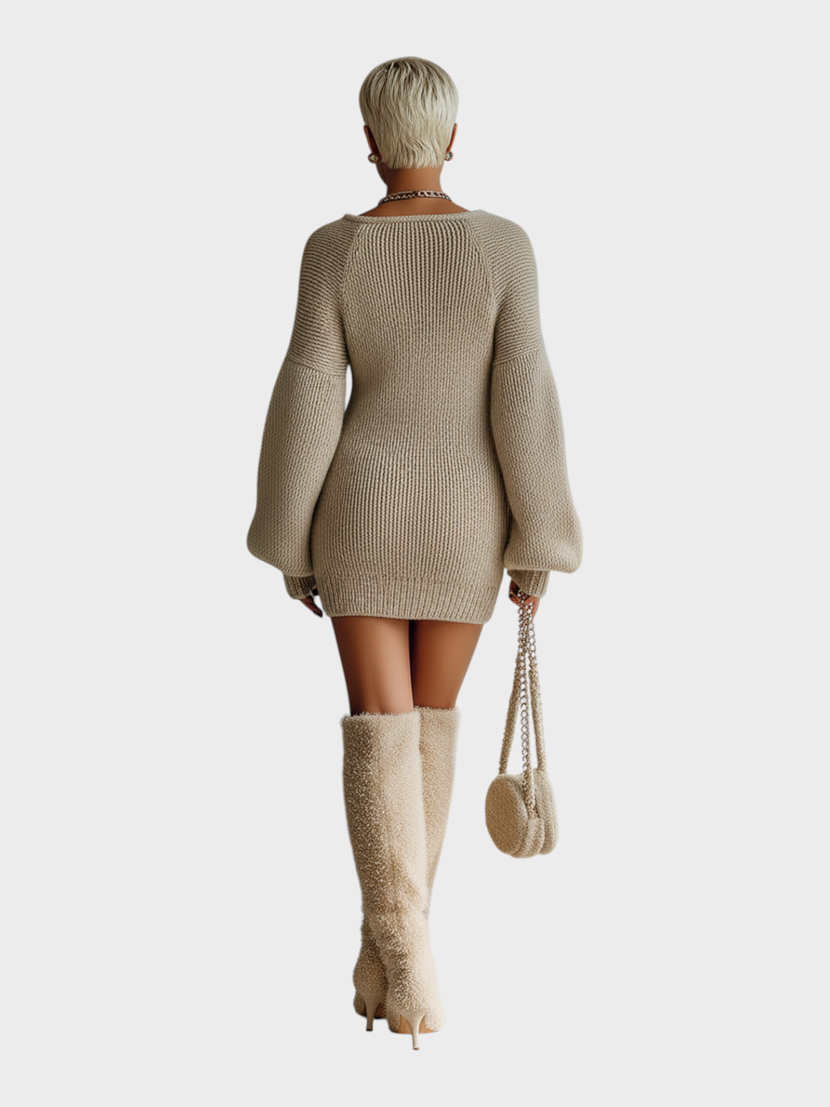 Divina | Καθημερινό Vintage Ανοιχτό Καφέ Τετράγωνο Λαιμό Κοντό Πλεκτό Φόρεμα με Φουσκωτά Μανίκια