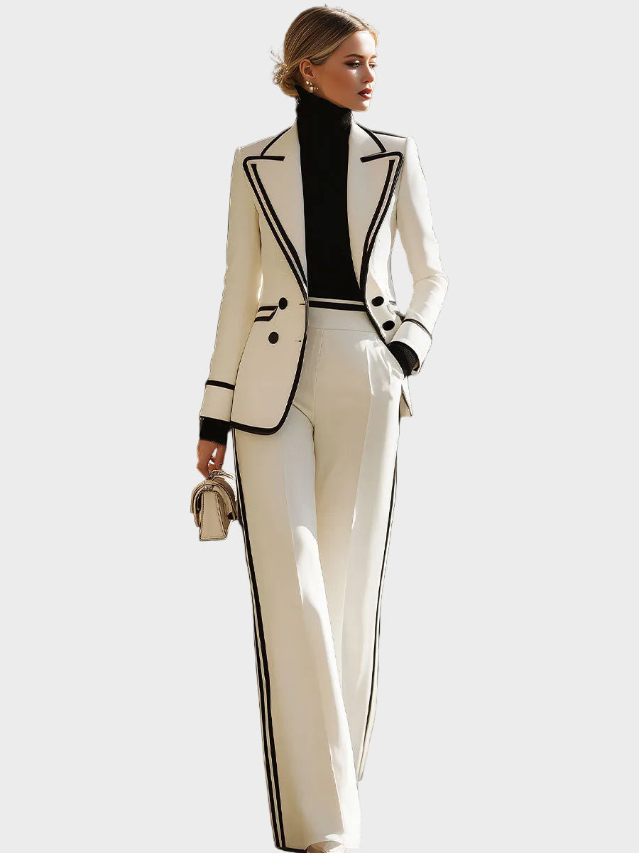 Tabitha-White Contrast - Trim Double - Breasted Suit Set