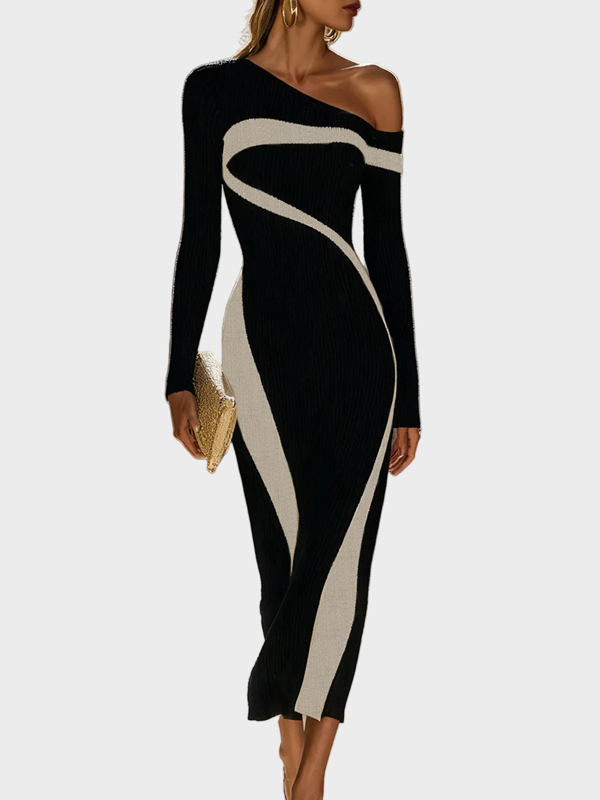 June| Κομψό Μονόχρωμο Bodycon Φόρεμα με Αντίθεση και Έναν Ώμο