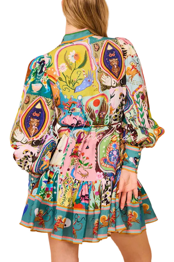 Tina - Μίνι Φόρεμα-Πουκάμισο με Πολυτελές Ιδιαίτερο Μοτίβο, Μανίκια Μπαλόνι και Κουμπιά (Luxury Unique Print Balloon Sleeve Button Shirt Mini Dress)