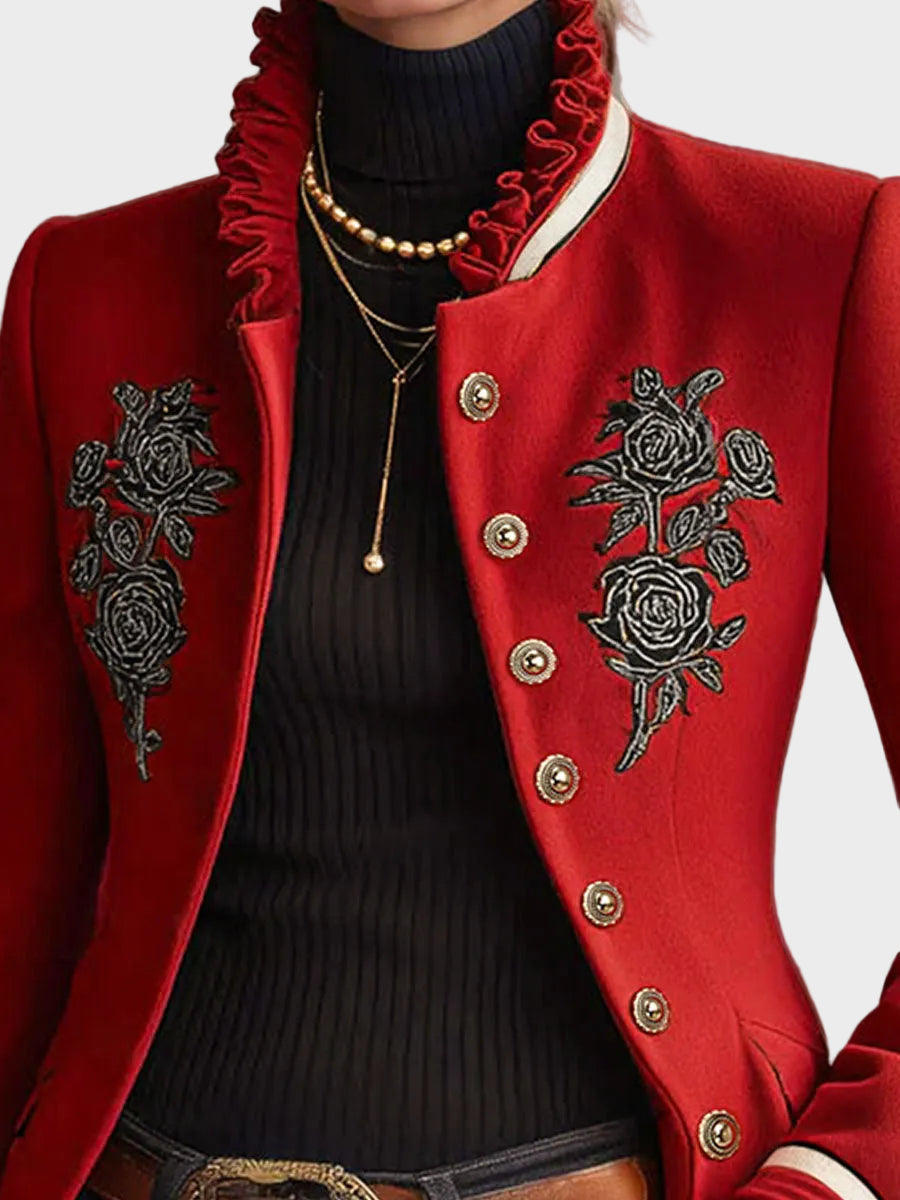 Harmony | Μάλλινο Μονόπετο Μπουφάν με Όρθιο Γιακά με Βολάν και Κέντημα Τριαντάφυλλο